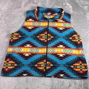 Vintage PFI Southwestern Aztec Fleece Vest Blue Multicolor Full Zip Men’s 2XL